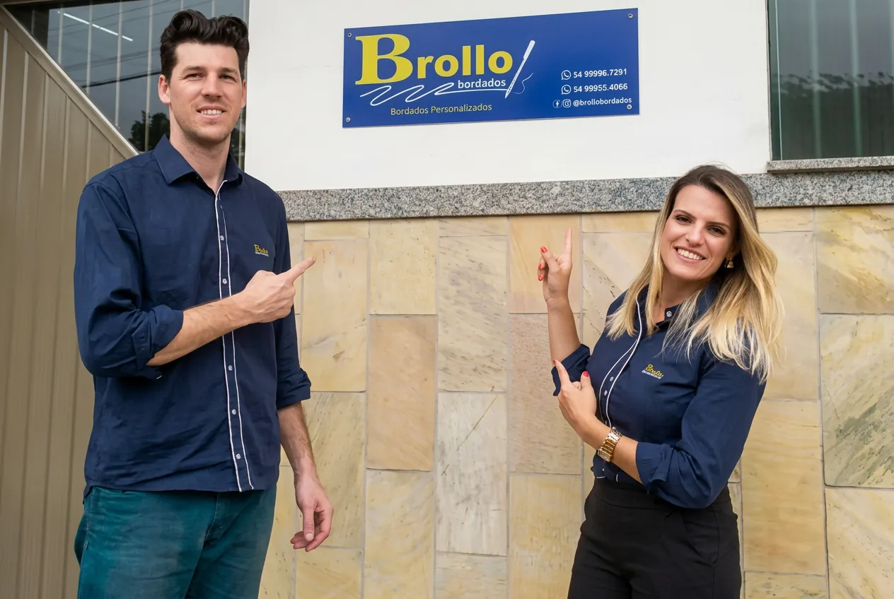 Proprietários da Brollo Bordados em frente à empresa